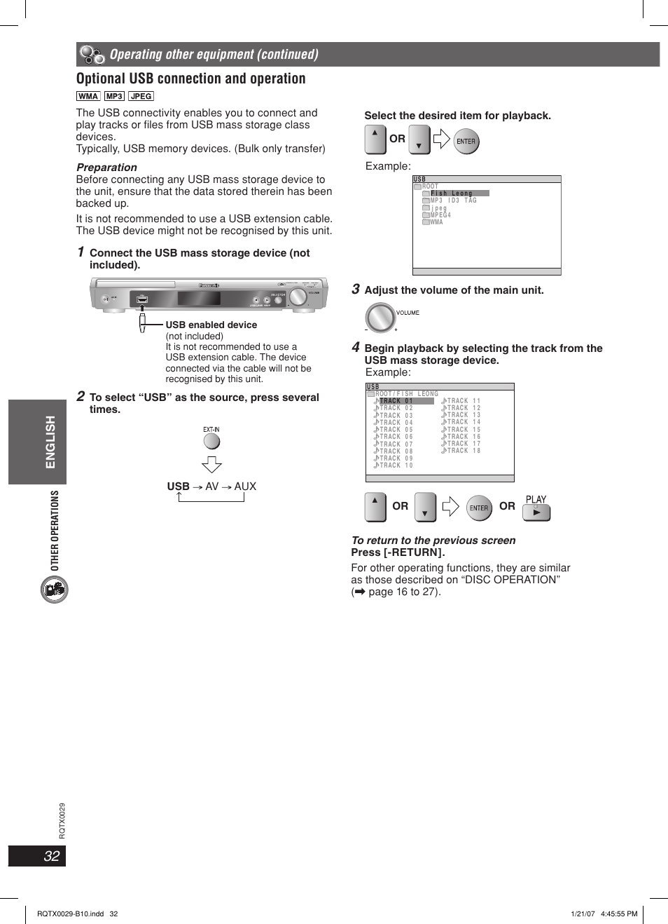 Optional usb connection and operation, Operating other equipment (continued) | Panasonic sc-pt150 User Manual | Page 32 / 40