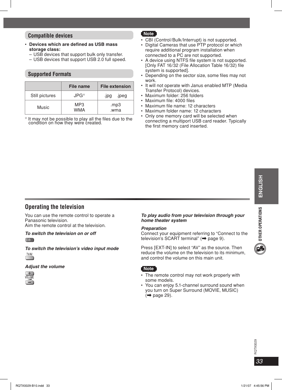 Operating the television, Compatible devices, Supported formats | Panasonic sc-pt150 User Manual | Page 33 / 40