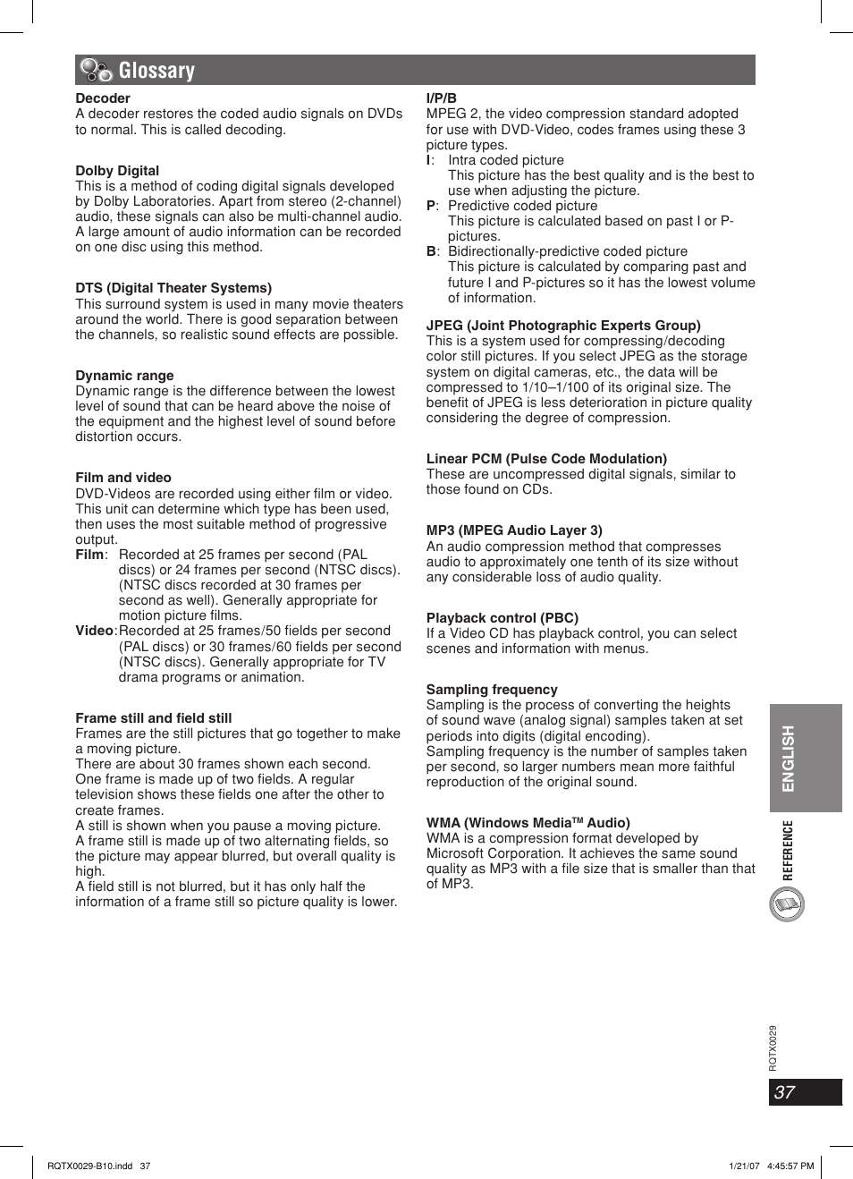 Glossary | Panasonic sc-pt150 User Manual | Page 37 / 40