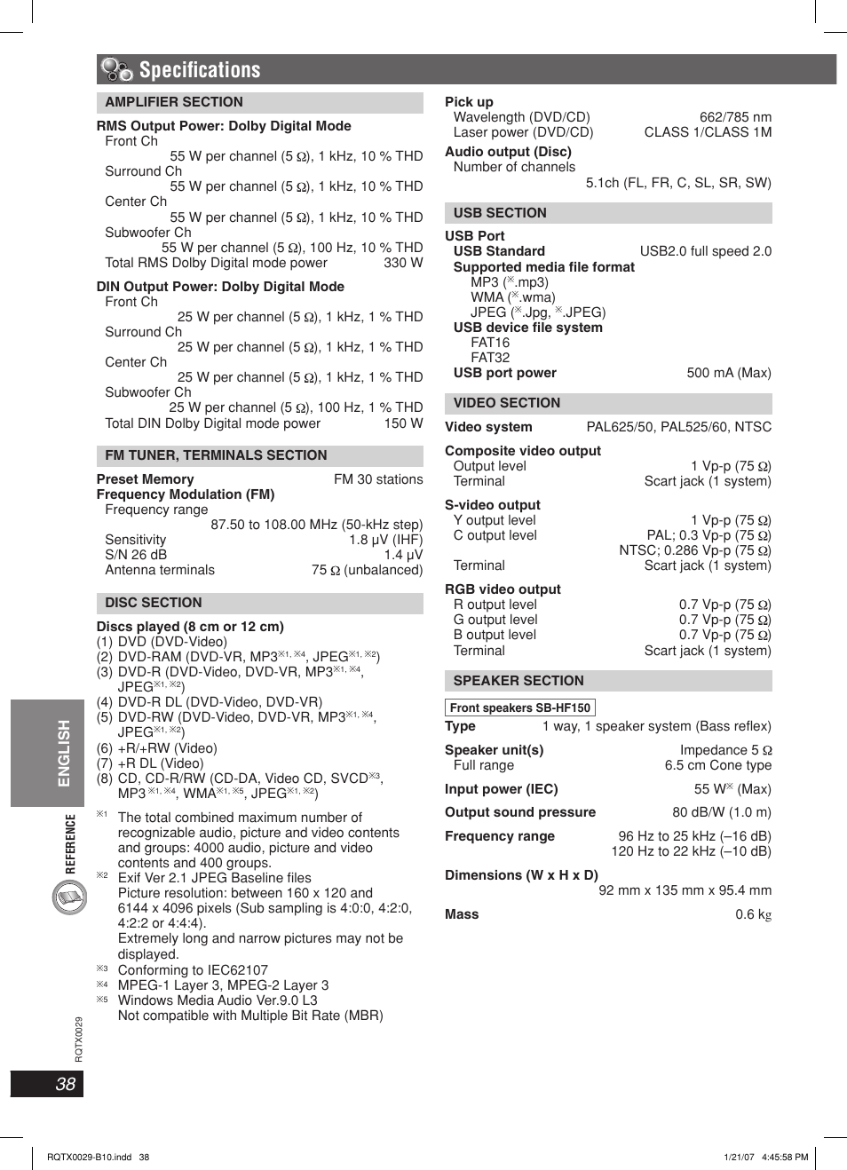 Specifi cations | Panasonic sc-pt150 User Manual | Page 38 / 40