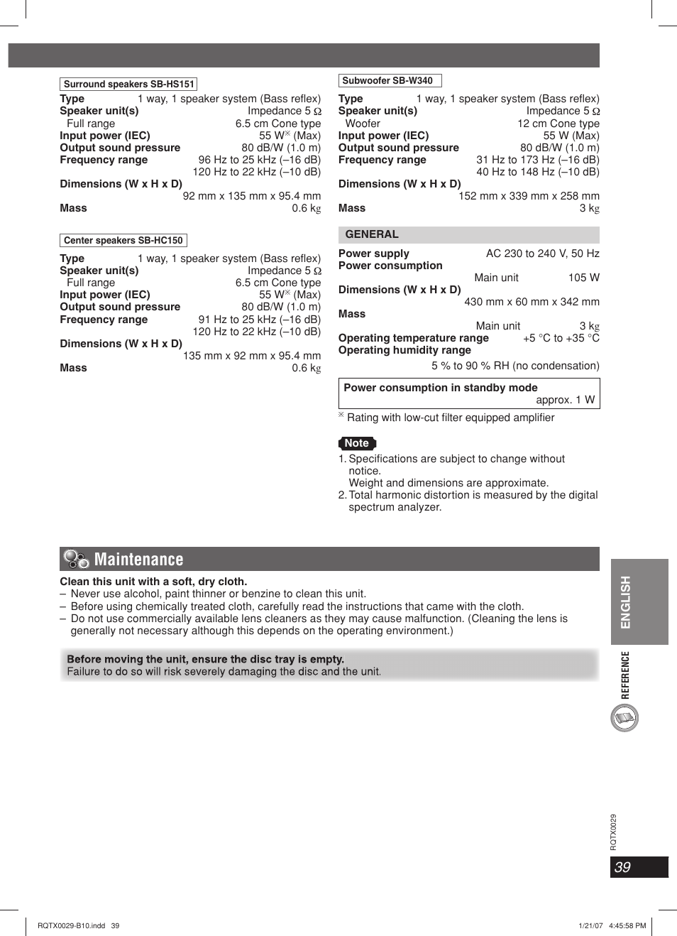 Maintenance | Panasonic sc-pt150 User Manual | Page 39 / 40