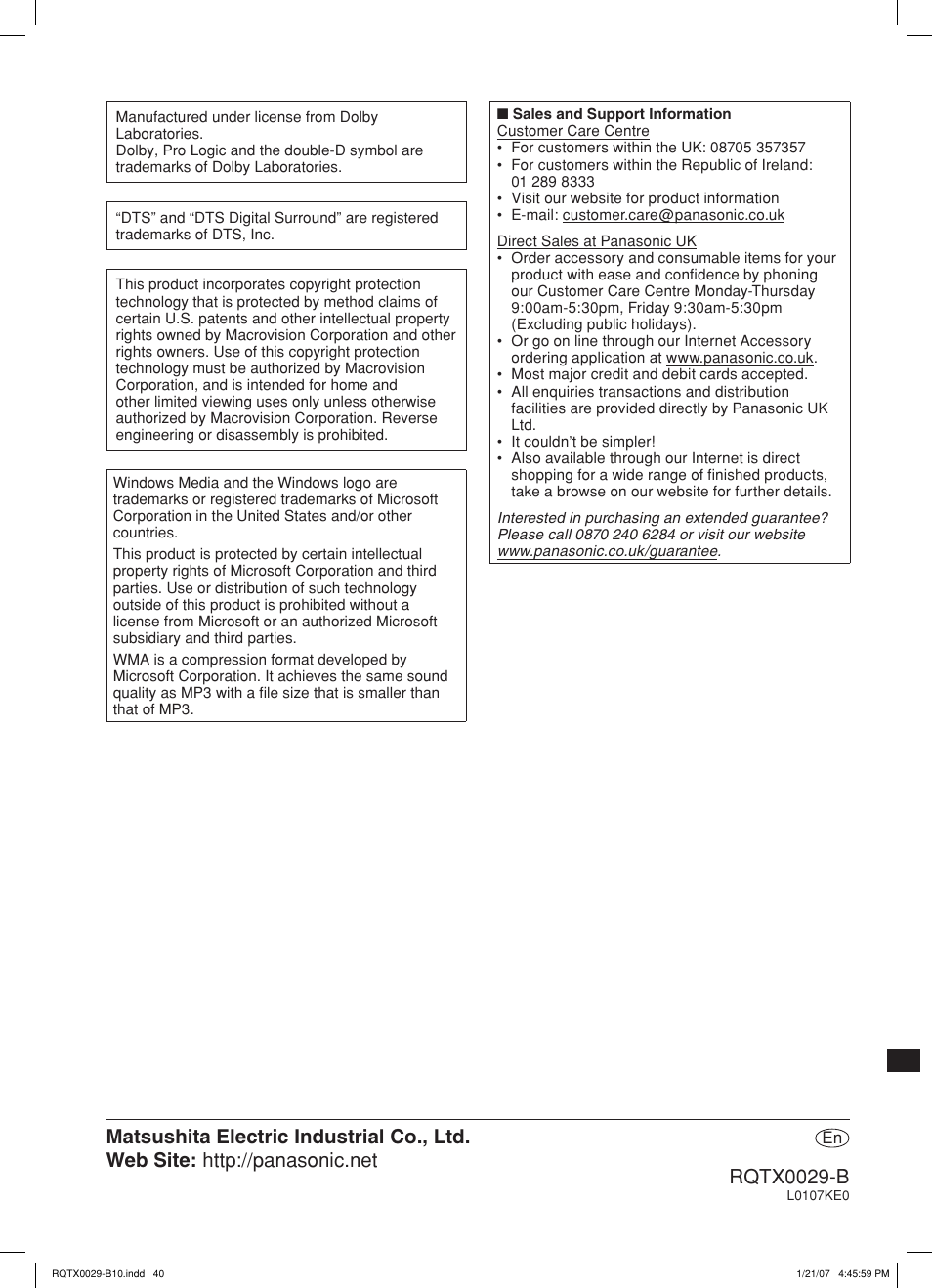 Panasonic sc-pt150 User Manual | Page 40 / 40