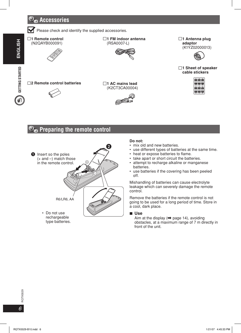 Accessories, Preparing the remote control, English | 7 use, Do not use rechargeable type batteries, Getting st ar ted, R6/lr6, aa | Panasonic sc-pt150 User Manual | Page 6 / 40