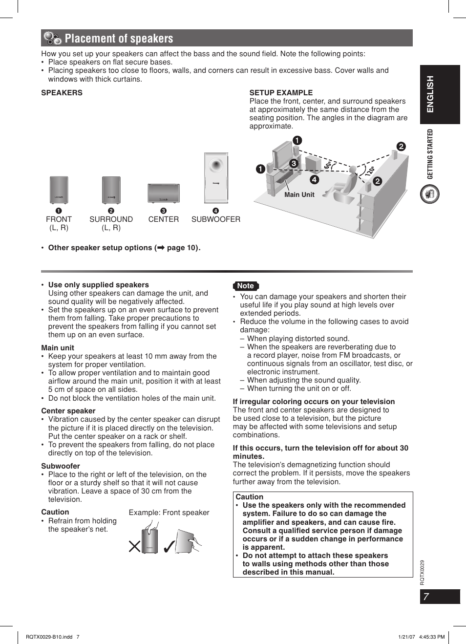 Placement of speakers | Panasonic sc-pt150 User Manual | Page 7 / 40