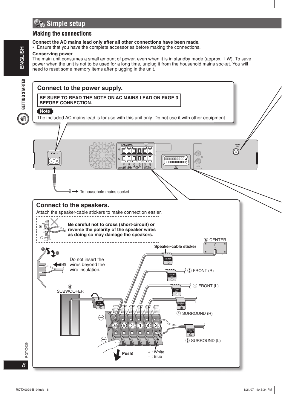 Simple setup, Making the connections, Connect to the speakers | Connect to the power supply | Panasonic sc-pt150 User Manual | Page 8 / 40