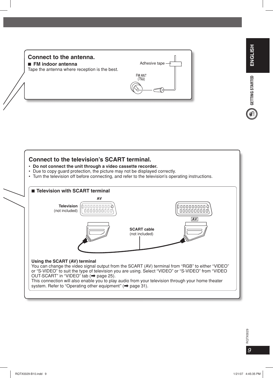 Connect to the antenna, Connect to the television’s scart terminal | Panasonic sc-pt150 User Manual | Page 9 / 40