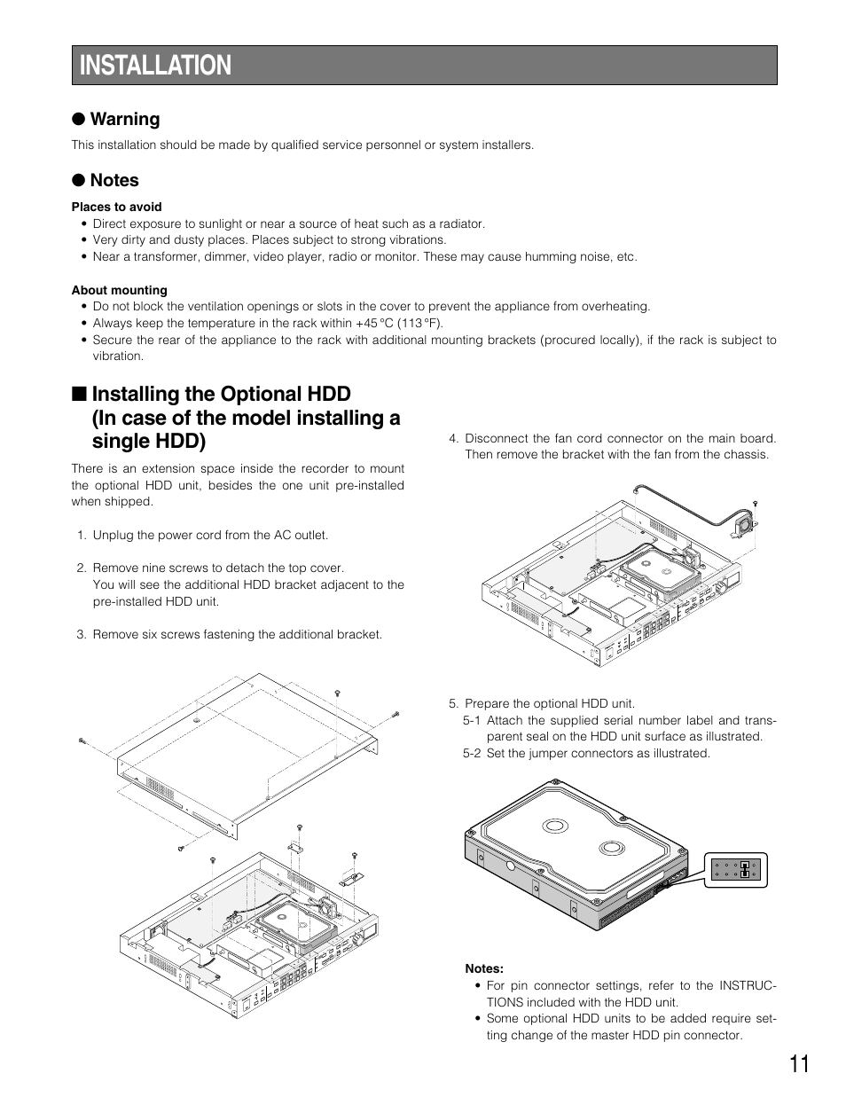 Installation, Installing the optional hdd, Warning | Panasonic WJ-HD220 User Manual | Page 11 / 103