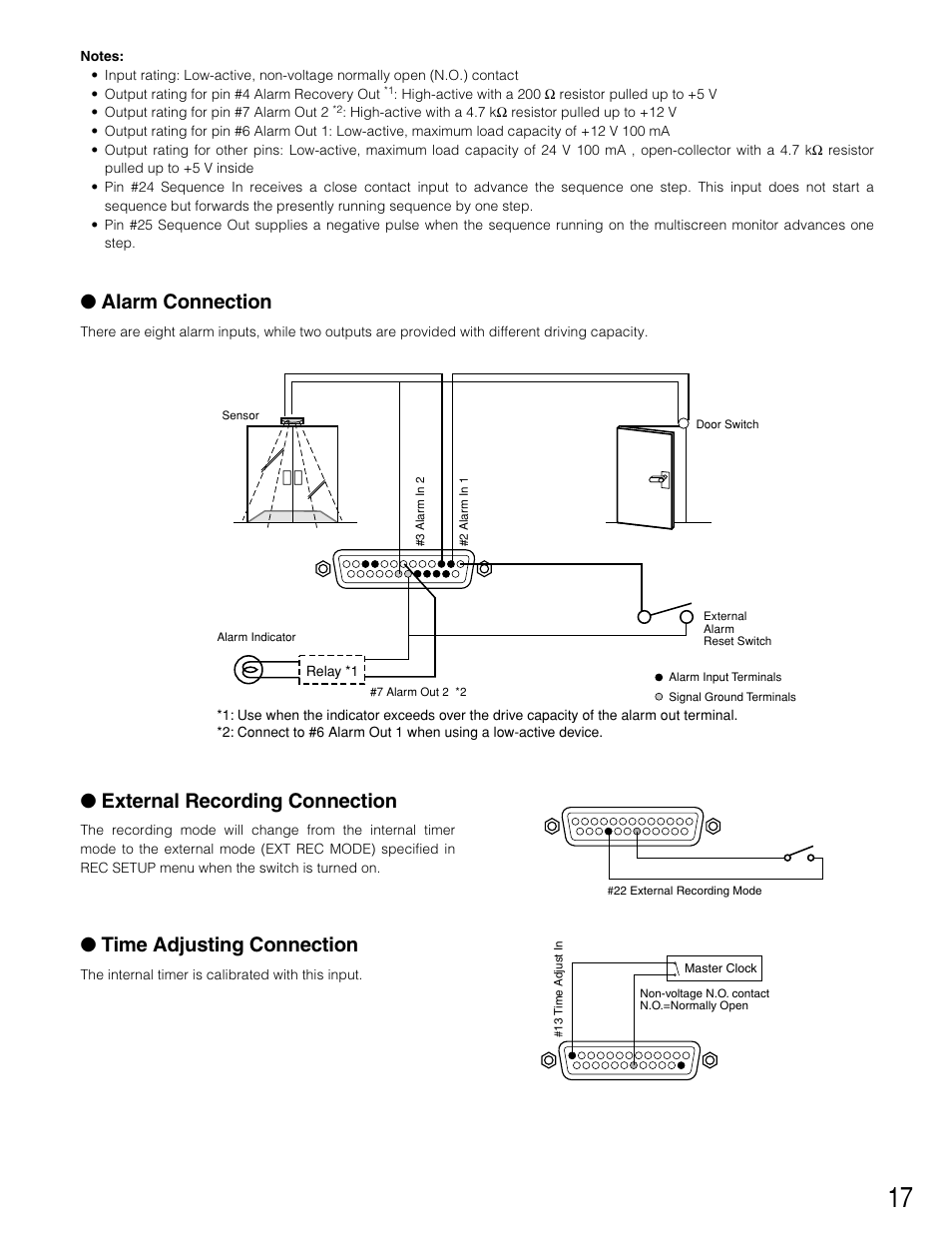 Alarm connection, External recording connection, Time adjusting connection | Panasonic WJ-HD220 User Manual | Page 17 / 103