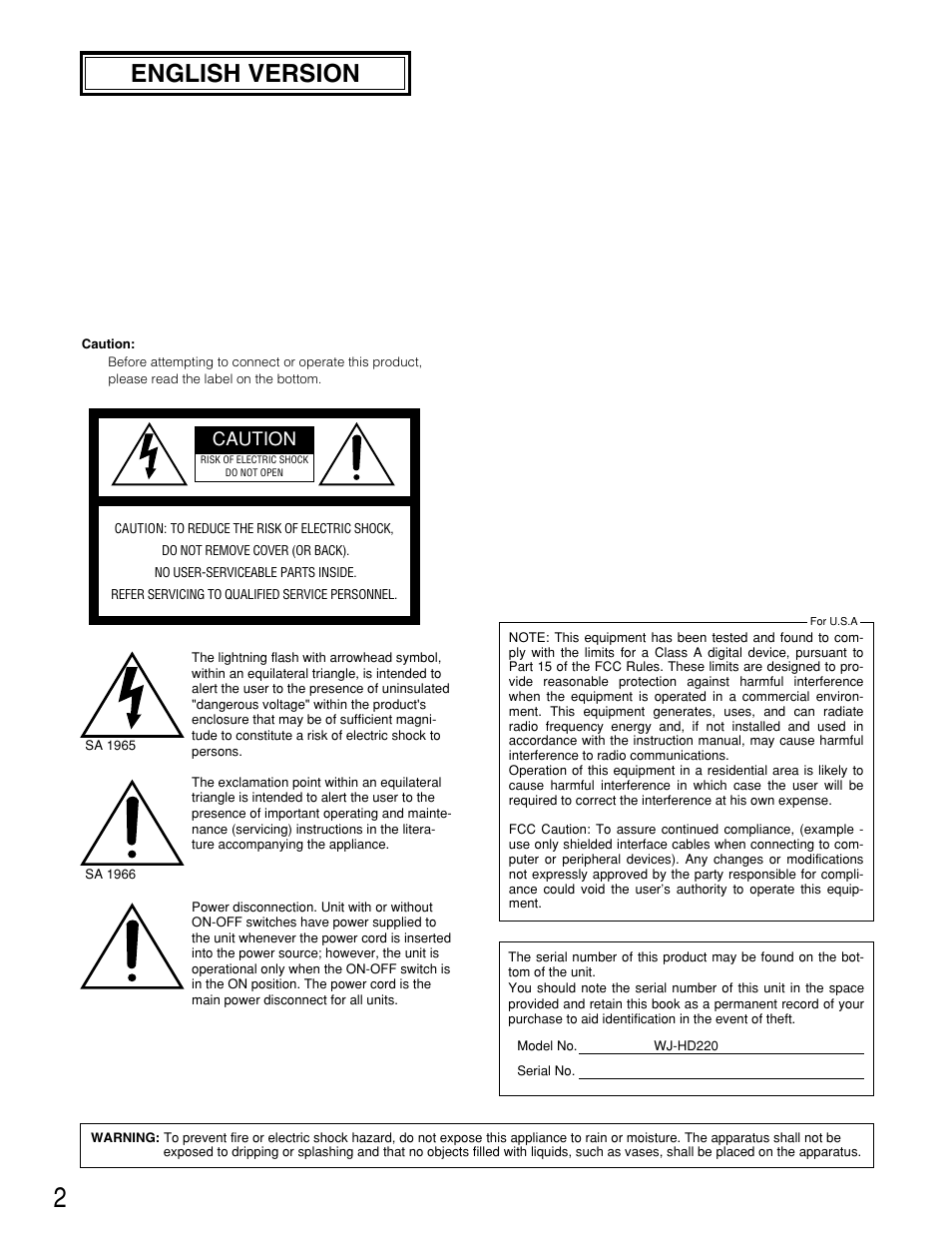 English version, Caution | Panasonic WJ-HD220 User Manual | Page 2 / 103