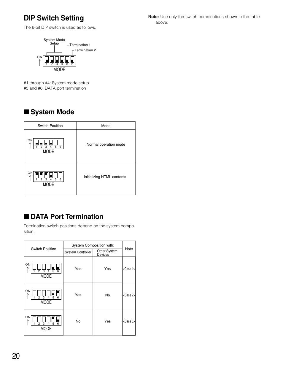 Dip switch setting, System mode, Data port termination | System mode ■ data port termination, Mode | Panasonic WJ-HD220 User Manual | Page 20 / 103