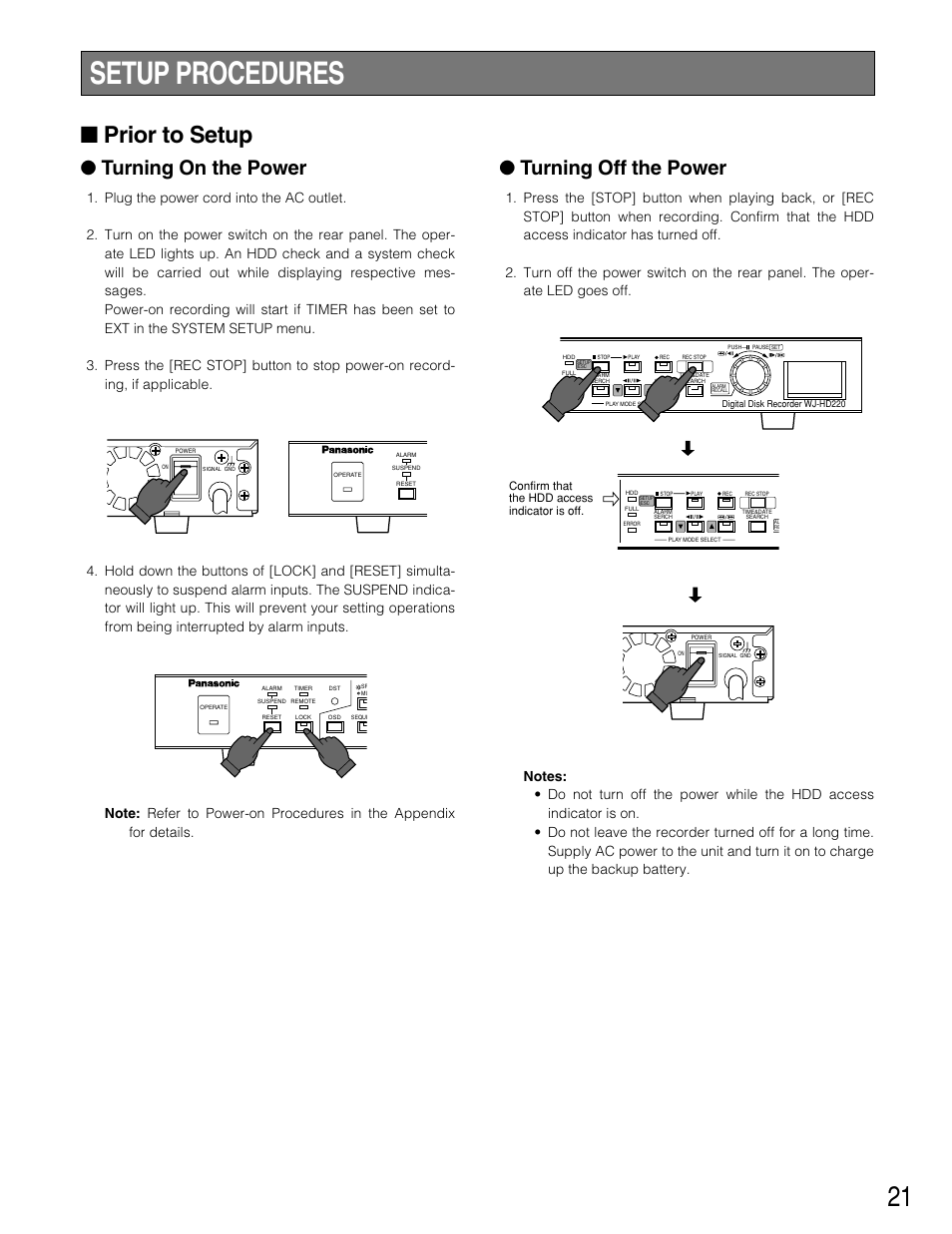 Setup procedures, Prior to setup, Turning on the power | Turning off the power | Panasonic WJ-HD220 User Manual | Page 21 / 103