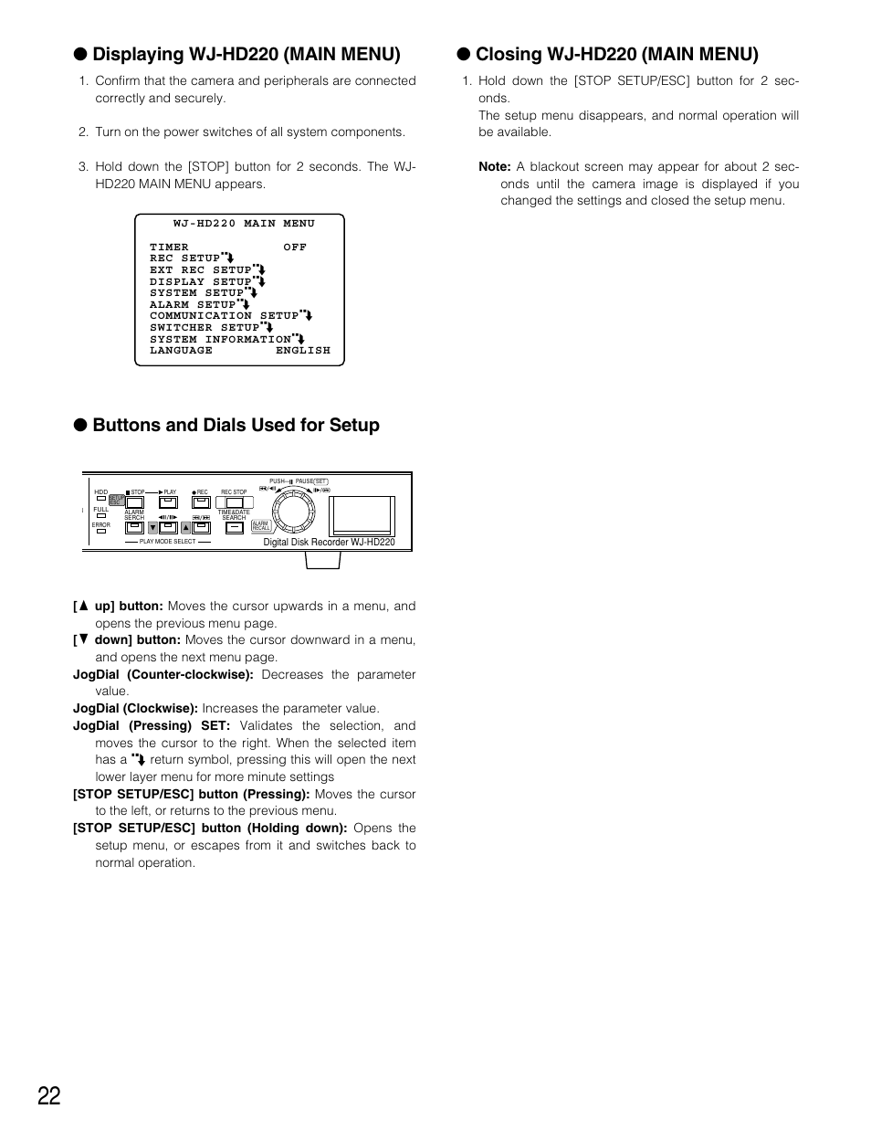 Displaying wj-hd220 (main menu), Buttons and dials used for setup, Closing wj-hd220 (main menu) | Panasonic WJ-HD220 User Manual | Page 22 / 103