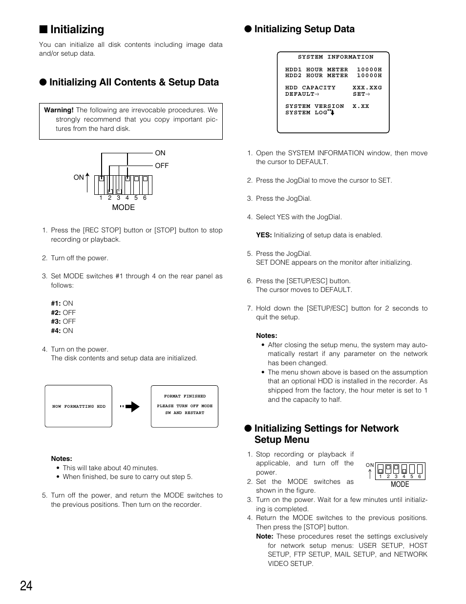 Initializing, Initializing all contents & setup data, Initializing setup data | Initializing settings for network setup menu | Panasonic WJ-HD220 User Manual | Page 24 / 103