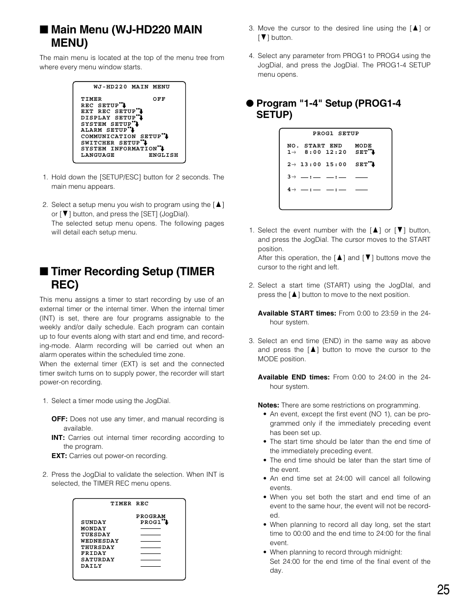 Main menu, Timer recording setup, Main menu (wj-hd220 main menu) | Timer recording setup (timer rec), Program "1-4" setup (prog1-4 setup) | Panasonic WJ-HD220 User Manual | Page 25 / 103