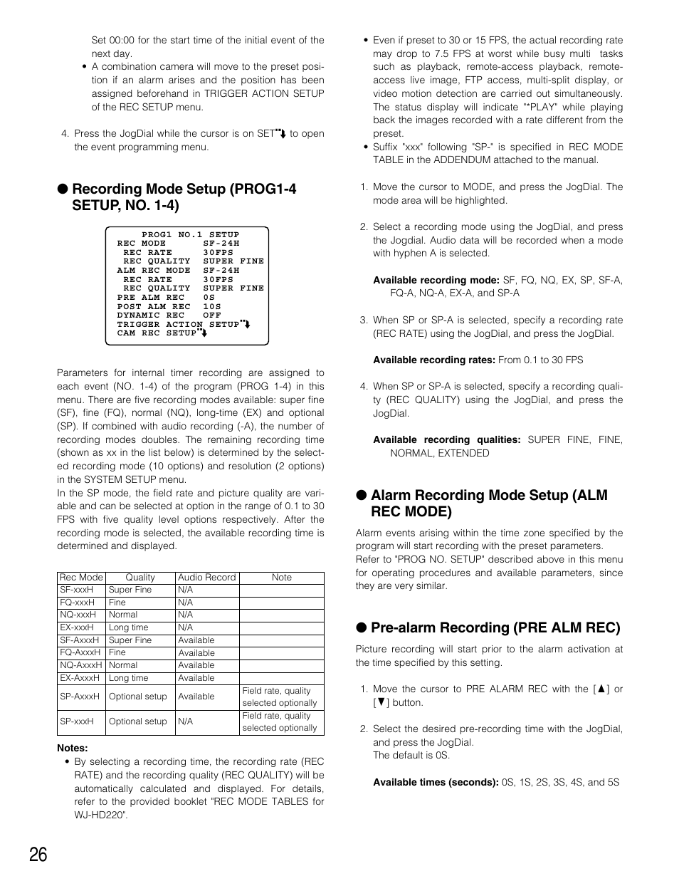 Recording mode setup (prog1-4 setup, no. 1-4), Alarm recording mode setup (alm rec mode), Pre-alarm recording (pre alm rec) | Panasonic WJ-HD220 User Manual | Page 26 / 103
