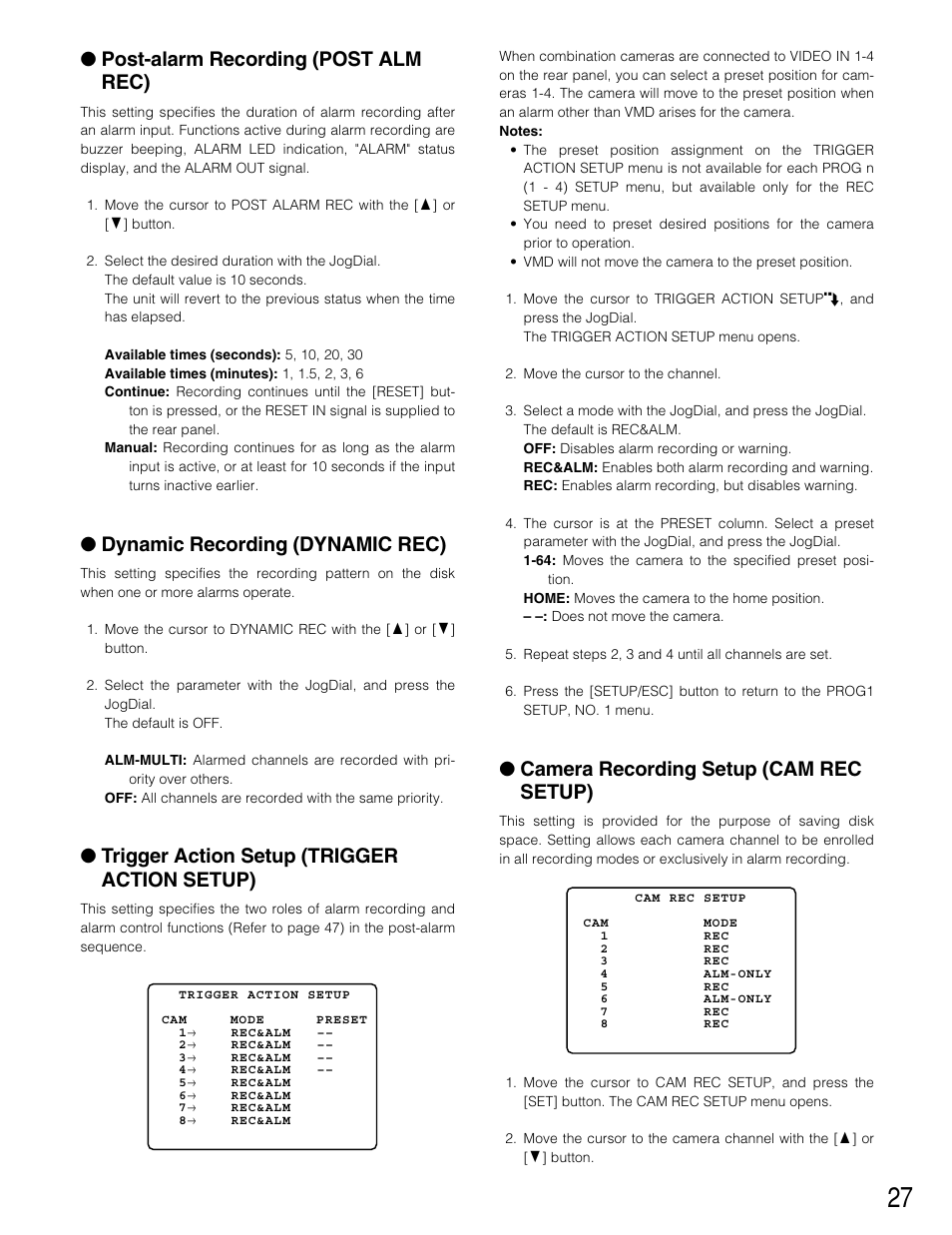 Post-alarm recording (post alm rec), Dynamic recording (dynamic rec), Trigger action setup (trigger action setup) | Camera recording setup (cam rec setup) | Panasonic WJ-HD220 User Manual | Page 27 / 103