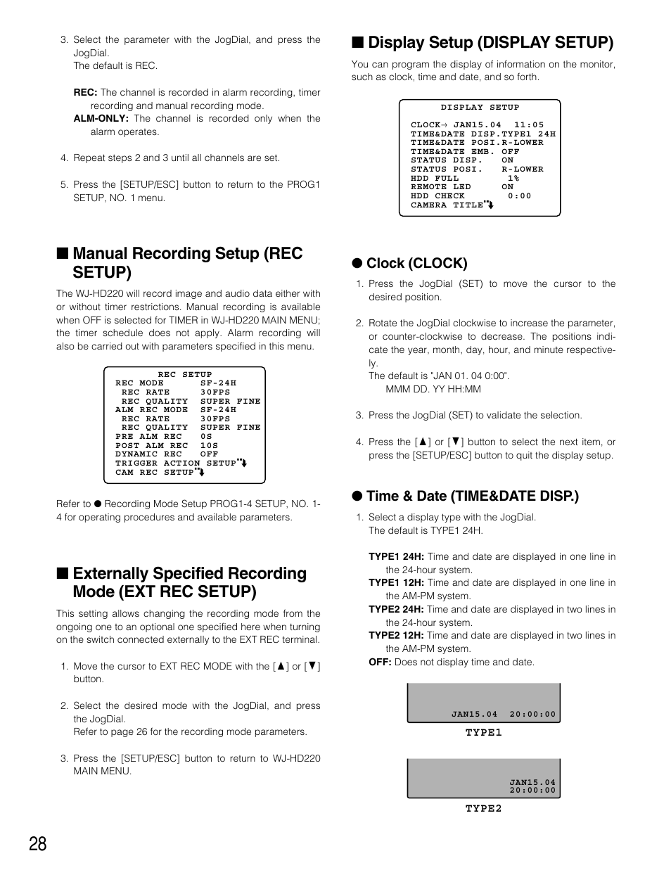 Manual recording setup, Display setup (display setup), Manual recording setup (rec setup) | Clock (clock), Time & date (time&date disp.) | Panasonic WJ-HD220 User Manual | Page 28 / 103