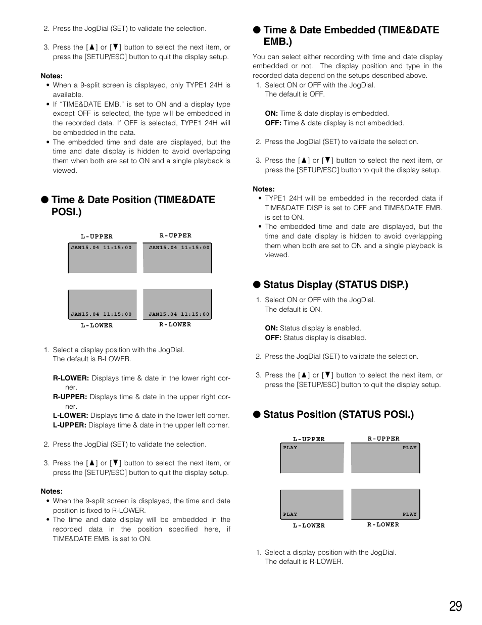 Time & date position (time&date posi.), Time & date embedded (time&date emb.), Status display (status disp.) | Status position (status posi.) | Panasonic WJ-HD220 User Manual | Page 29 / 103