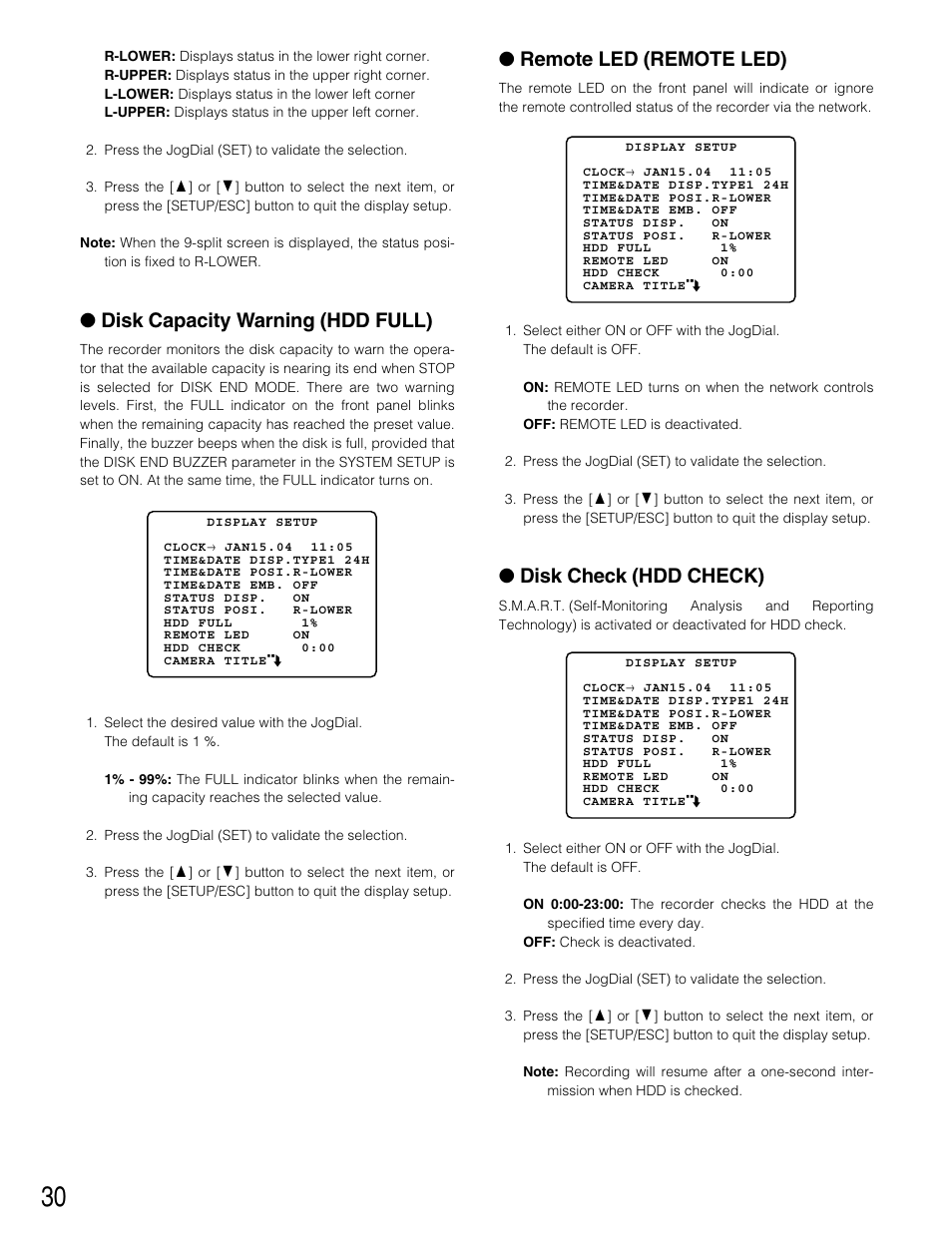 Remote led (remote led), Disk check (hdd check), Disk capacity warning (hdd full) | Panasonic WJ-HD220 User Manual | Page 30 / 103