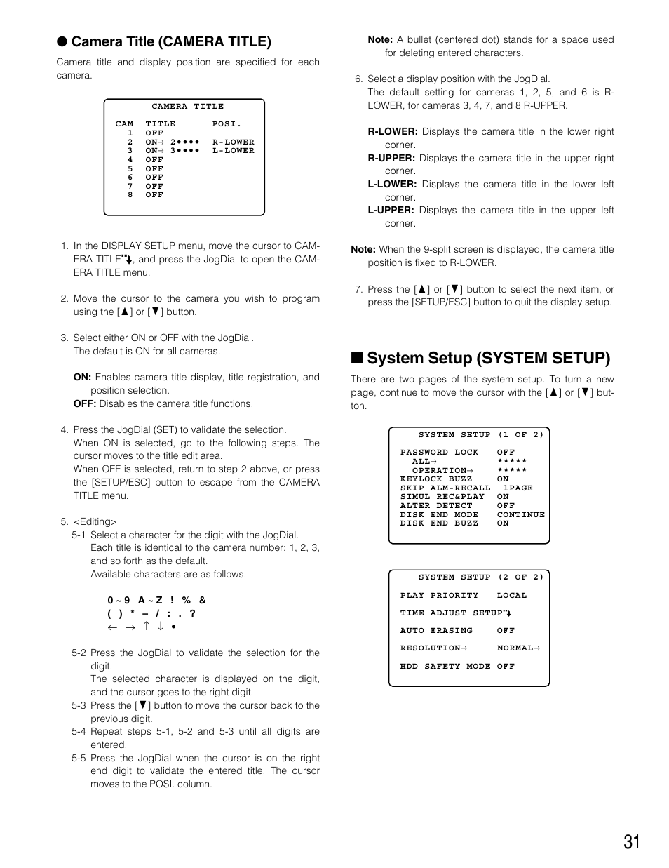 System setup (system setup), Camera title (camera title) | Panasonic WJ-HD220 User Manual | Page 31 / 103