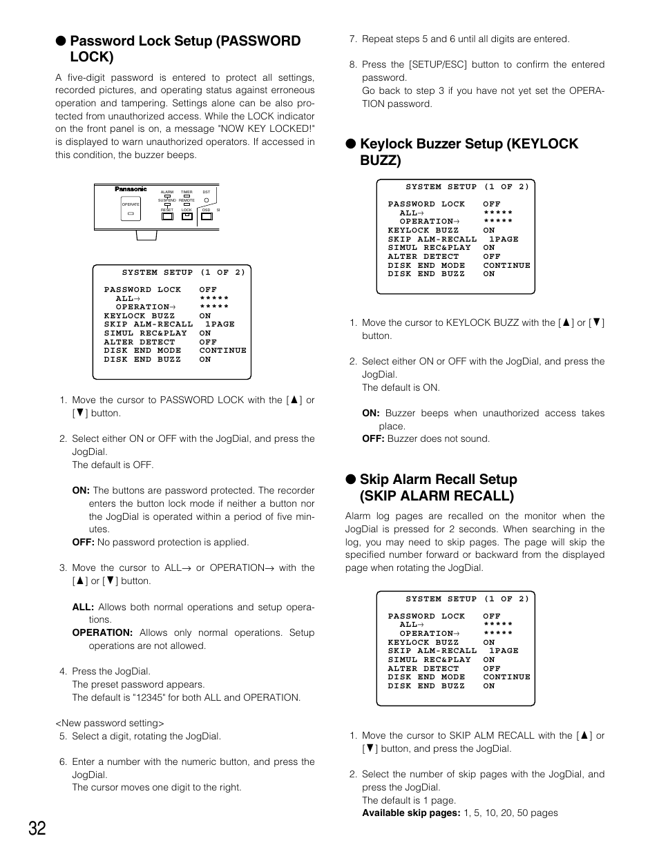 Password lock setup (password lock), Keylock buzzer setup (keylock buzz), Skip alarm recall setup (skip alarm recall) | Panasonic WJ-HD220 User Manual | Page 32 / 103