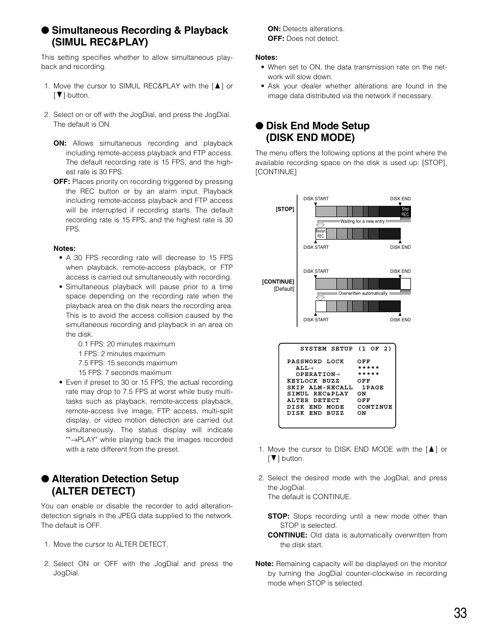 Simultaneous recording & playback (simul rec&play), Alteration detection setup (alter detect), Disk end mode setup (disk end mode) | Panasonic WJ-HD220 User Manual | Page 33 / 103