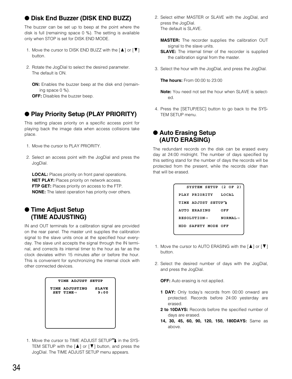 Disk end buzzer (disk end buzz), Play priority setup (play priority), Time adjust setup (time adjusting) | Auto erasing setup (auto erasing) | Panasonic WJ-HD220 User Manual | Page 34 / 103