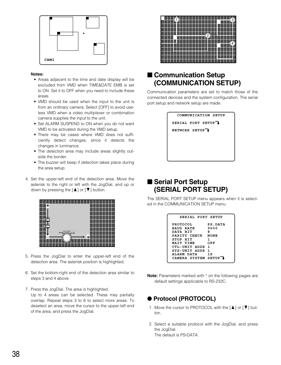 Communication setup, Serial port setup, Communication setup (communication setup) | Serial port setup (serial port setup), Protocol (protocol) | Panasonic WJ-HD220 User Manual | Page 38 / 103