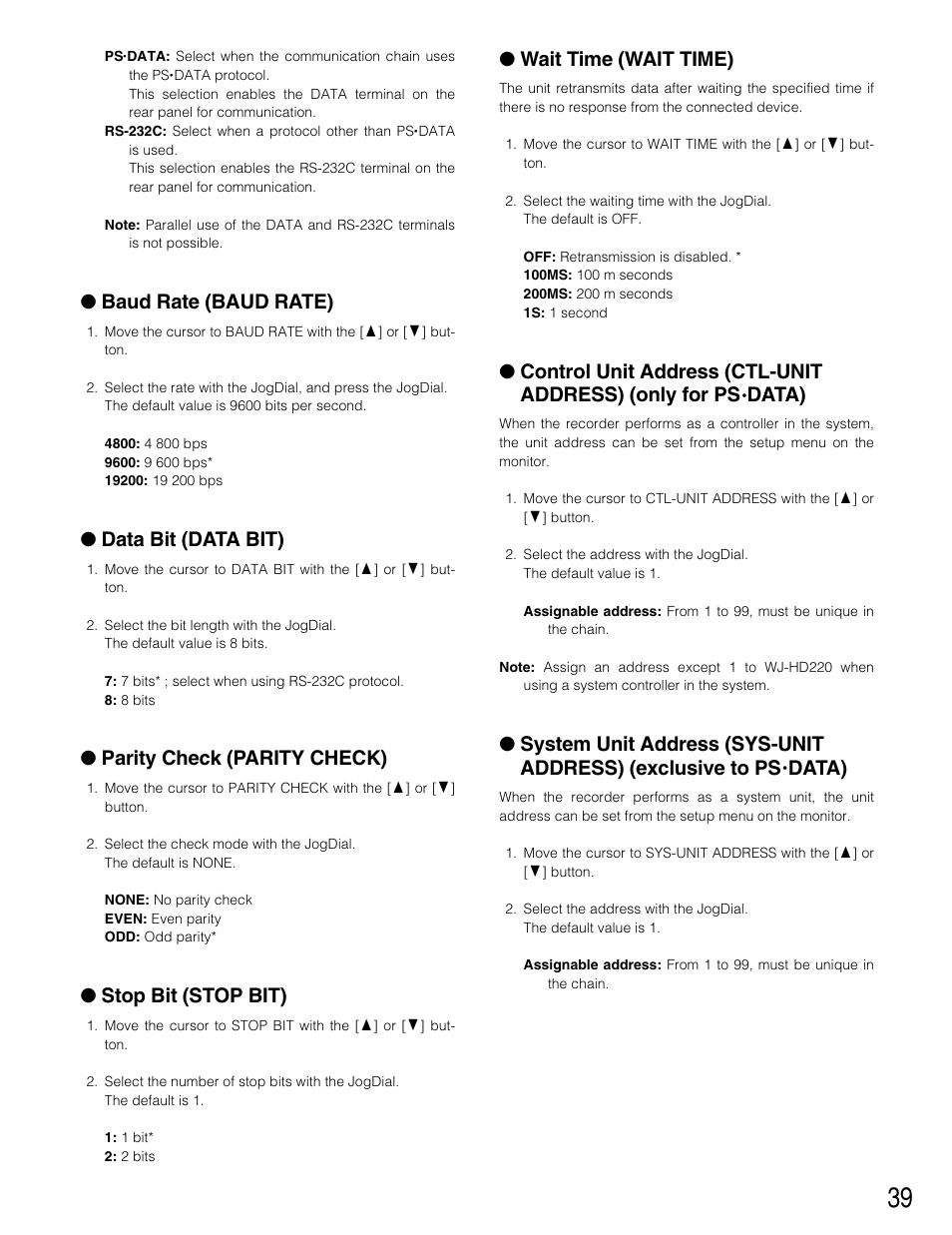 Baud rate (baud rate), Data bit (data bit), Parity check (parity check) | Stop bit (stop bit), Wait time (wait time), Data) | Panasonic WJ-HD220 User Manual | Page 39 / 103