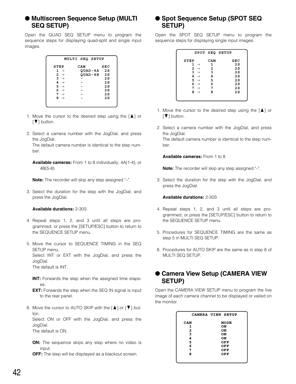 Multiscreen sequence setup (multi seq setup), Spot sequence setup (spot seq setup), Camera view setup (camera view setup) | Panasonic WJ-HD220 User Manual | Page 42 / 103