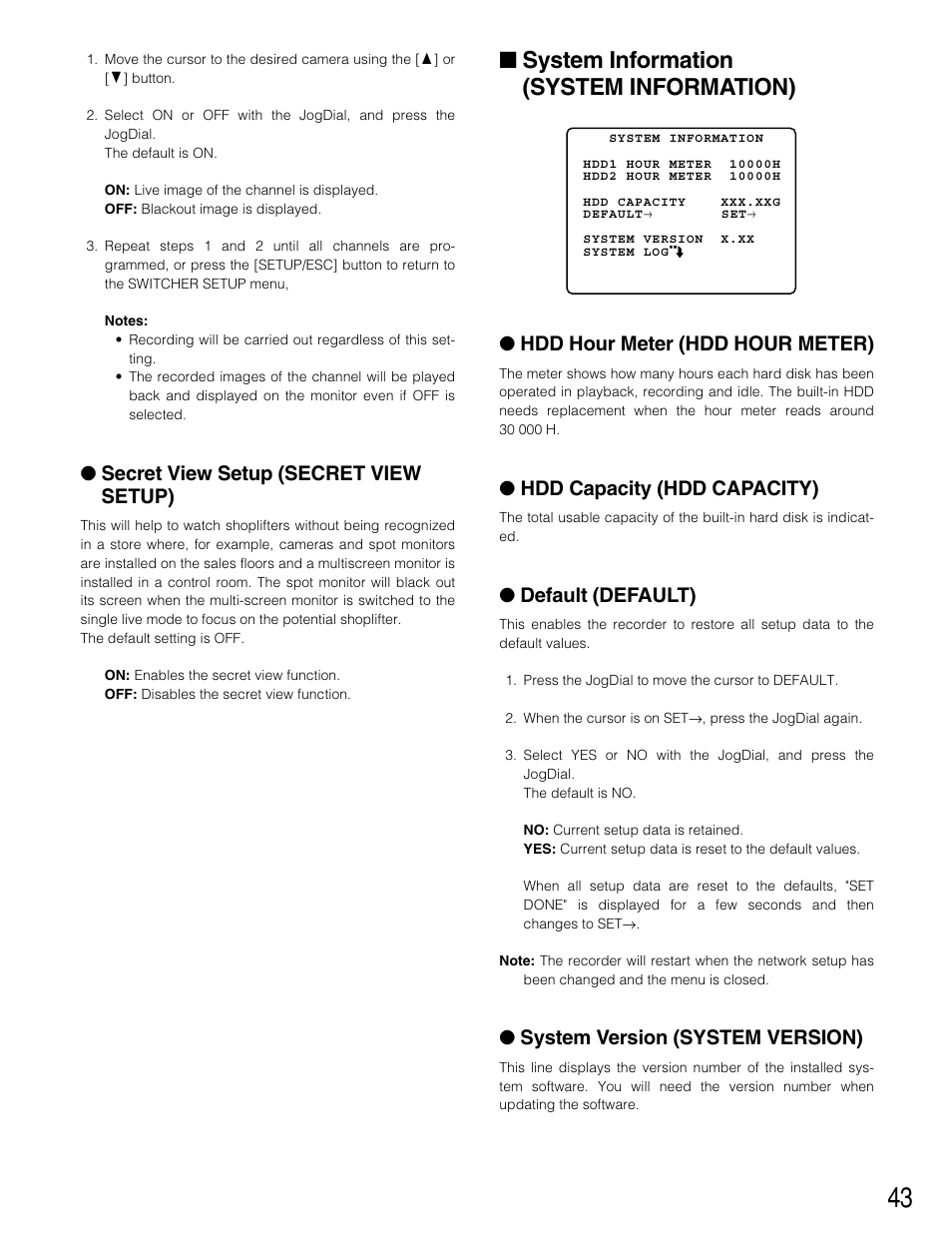 System information (system information), Secret view setup (secret view setup), Hdd hour meter (hdd hour meter) | Hdd capacity (hdd capacity), Default (default), System version (system version) | Panasonic WJ-HD220 User Manual | Page 43 / 103