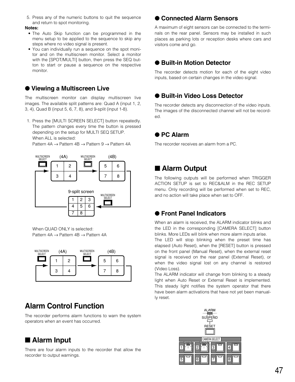 Alarm control function, Alarm input, Alarm output | Connected alarm sensors, Built-in motion detector, Built-in video loss detector, Pc alarm, Front panel indicators, Viewing a multiscreen live | Panasonic WJ-HD220 User Manual | Page 47 / 103