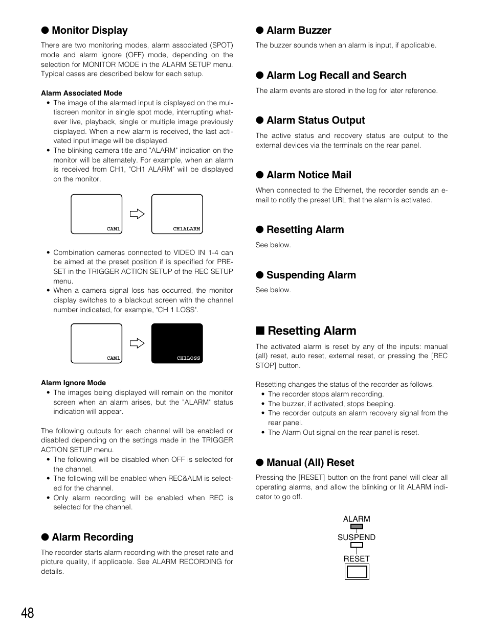 Resetting alarm, Monitor display, Alarm recording | Alarm buzzer, Alarm log recall and search, Alarm status output, Alarm notice mail, Suspending alarm, Manual (all) reset | Panasonic WJ-HD220 User Manual | Page 48 / 103