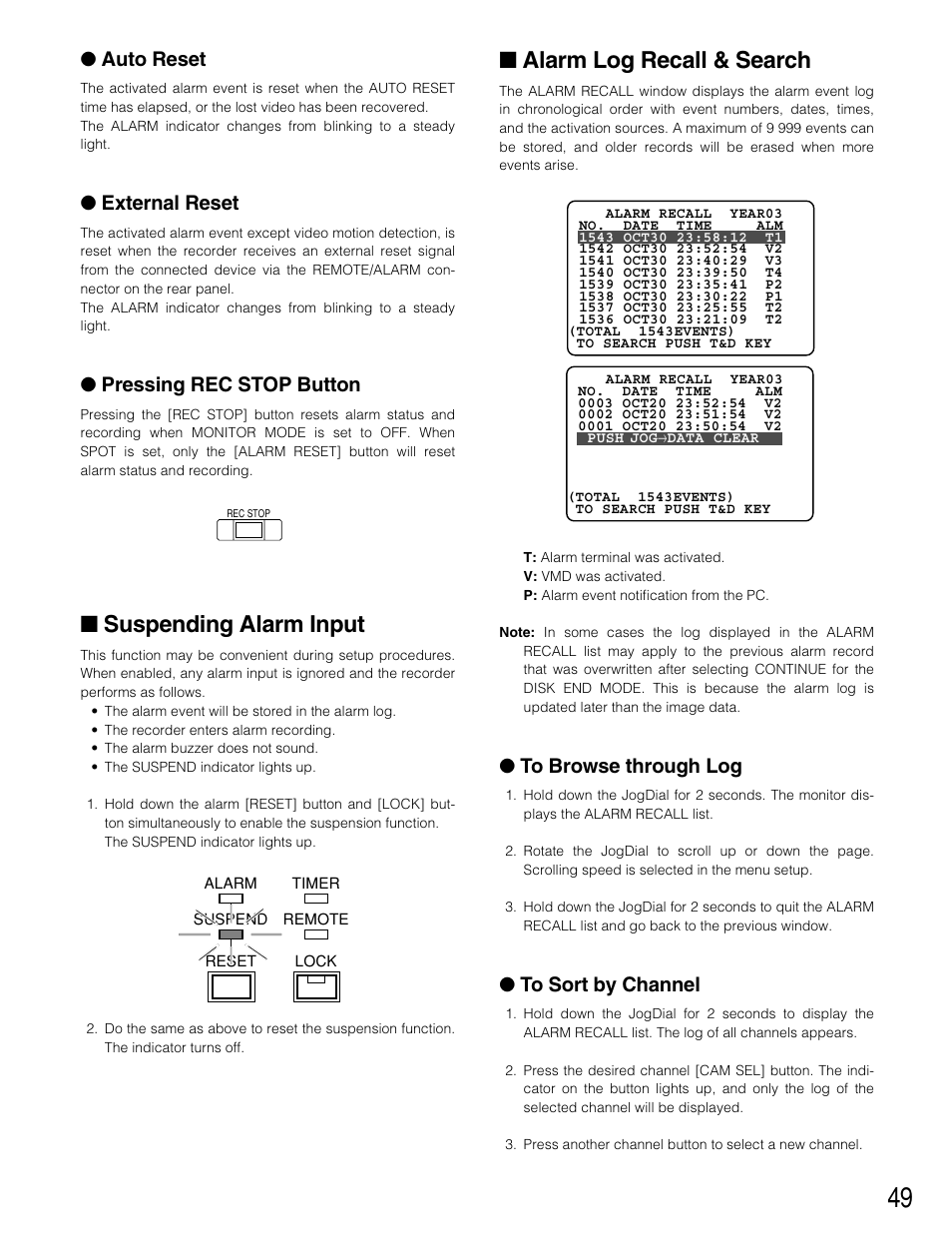 Suspending alarm input, Alarm log recall & search, Auto reset | External reset, Pressing rec stop button | Panasonic WJ-HD220 User Manual | Page 49 / 103