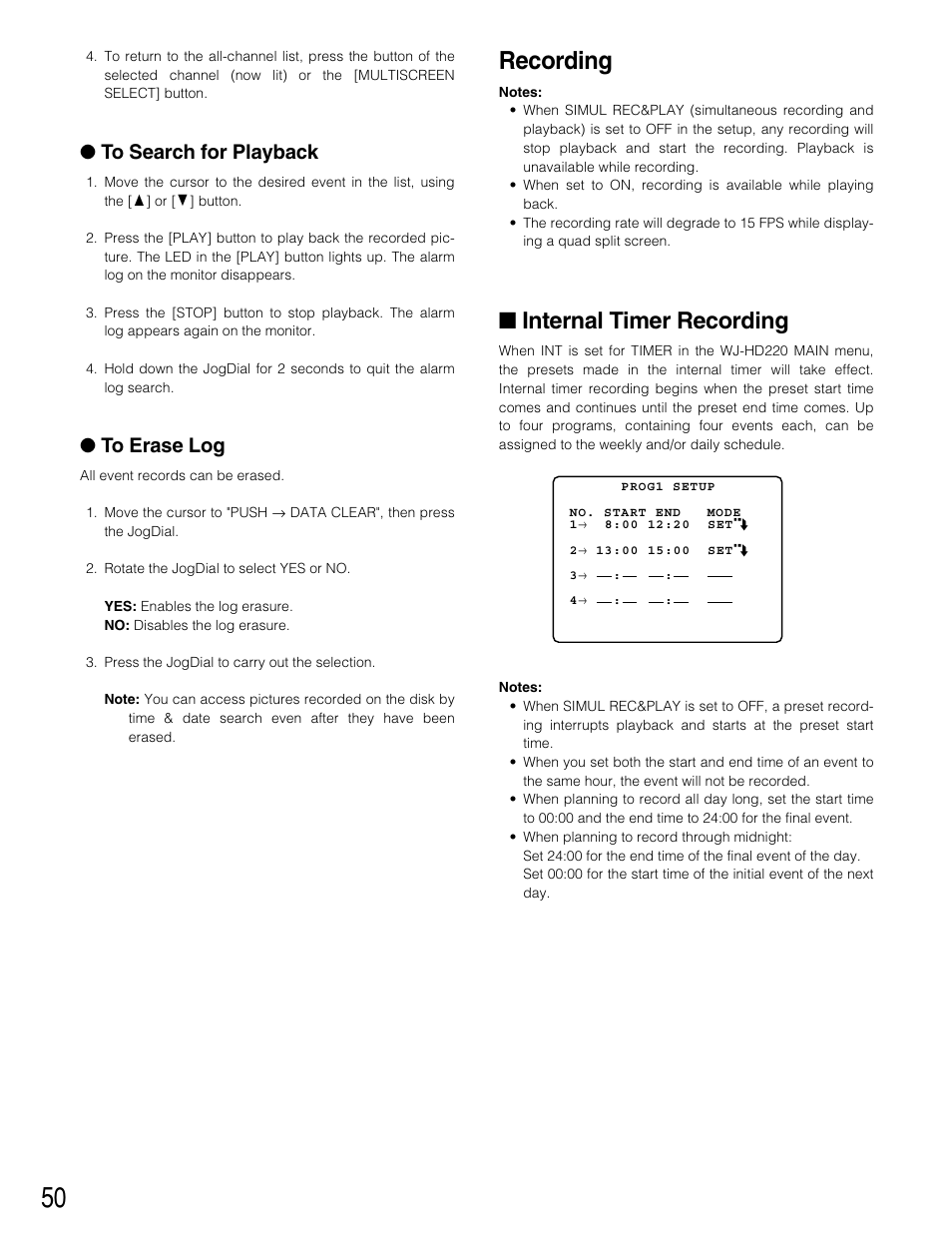 Internal timer recording, Recording | Panasonic WJ-HD220 User Manual | Page 50 / 103