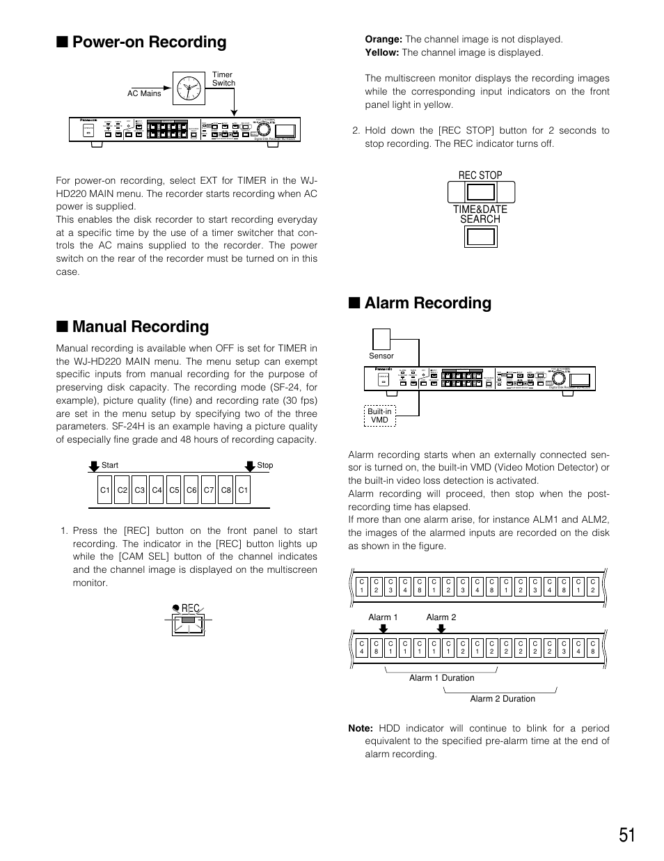 Power-on recording, Manual recording, Alarm recording | Time&date search rec stop rec, Alarm 1 alarm 1 duration alarm 2 alarm 2 duration, Sensor built-in vmd, Timer switch ac mains | Panasonic WJ-HD220 User Manual | Page 51 / 103