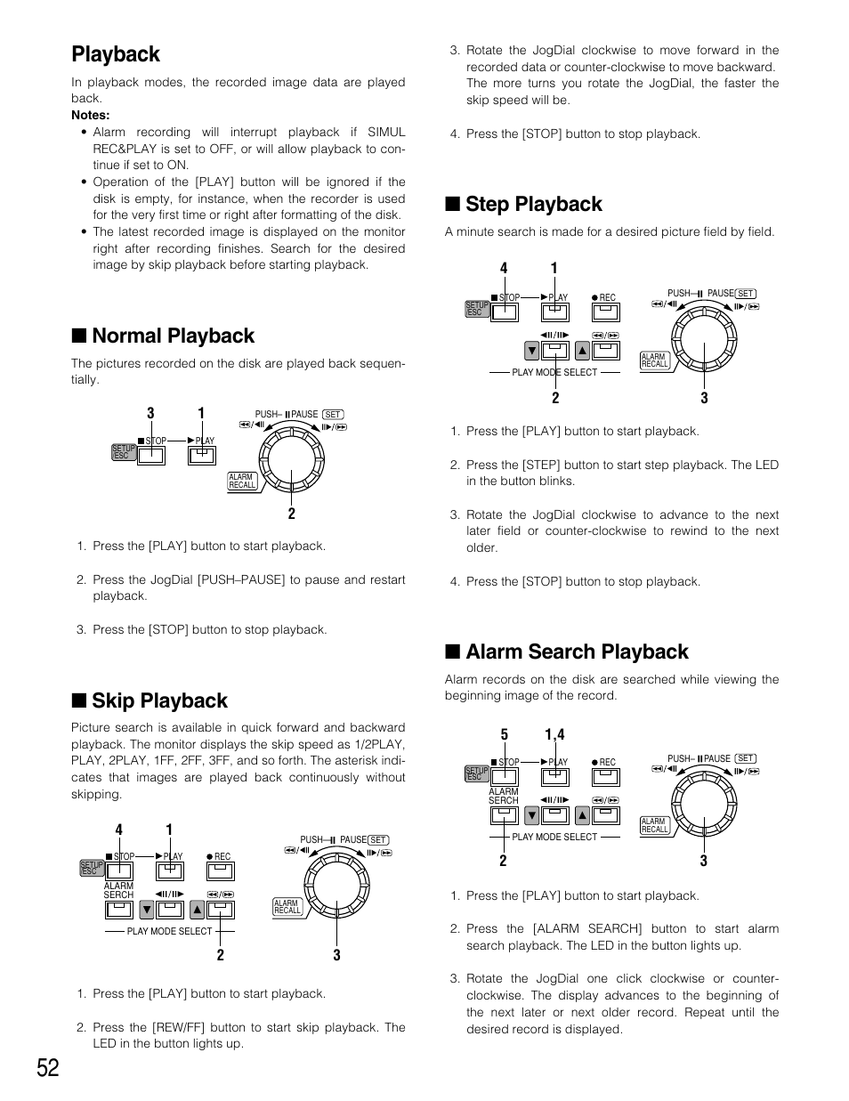 Playback, Normal playback, Skip playback | Step playback, Alarm search playback | Panasonic WJ-HD220 User Manual | Page 52 / 103