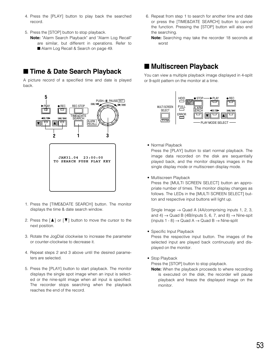 Time & date search playback, Multiscreen playback | Panasonic WJ-HD220 User Manual | Page 53 / 103
