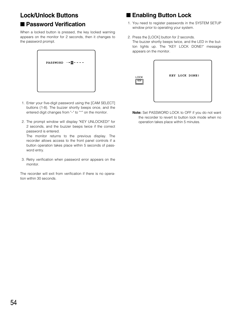 Lock/unlock buttons, Password verification, Enabling button lock | Panasonic WJ-HD220 User Manual | Page 54 / 103