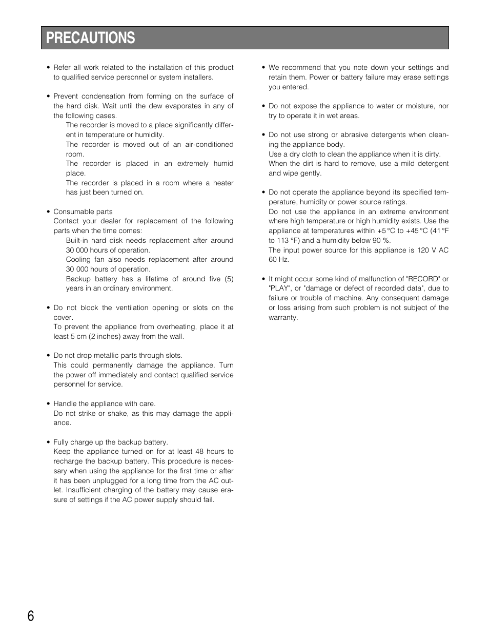 Precautions | Panasonic WJ-HD220 User Manual | Page 6 / 103