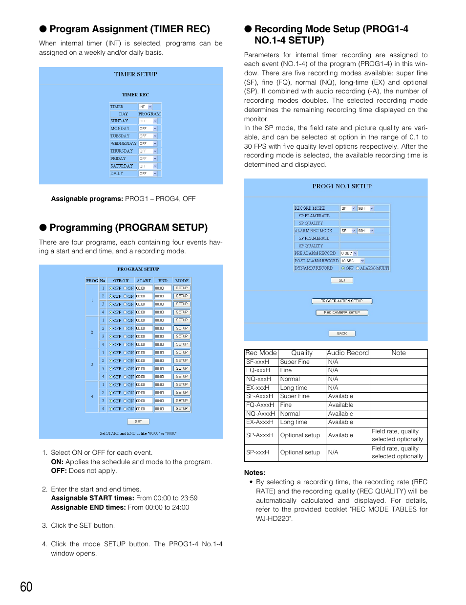 Program assignment (timer rec), Programming (program setup), Recording mode setup (prog1-4 no.1-4 setup) | Panasonic WJ-HD220 User Manual | Page 60 / 103