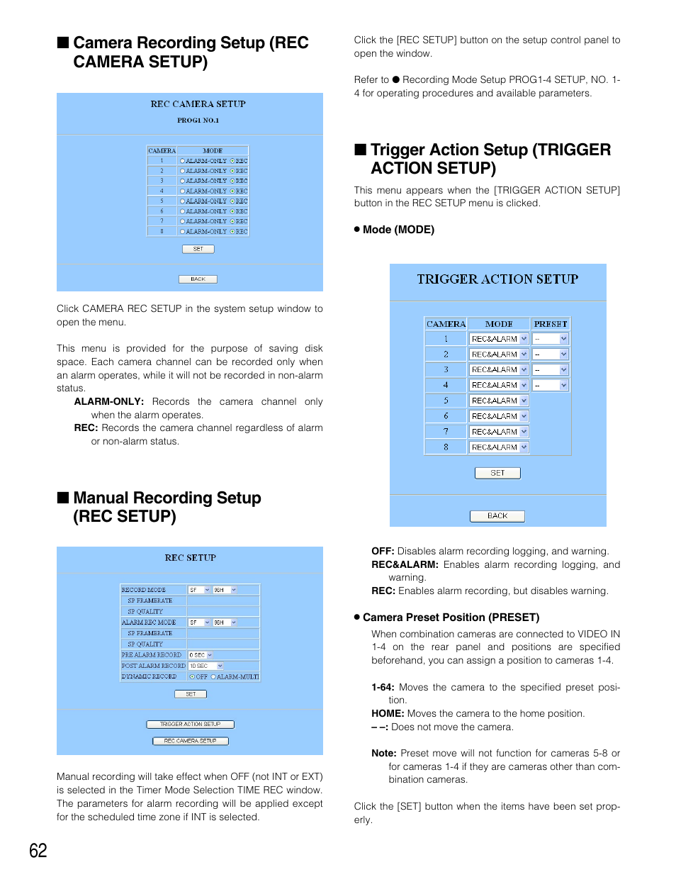 Camera recording setup (rec camera setup), Manual recording setup (rec setup), Trigger action setup (trigger action setup) | Panasonic WJ-HD220 User Manual | Page 62 / 103