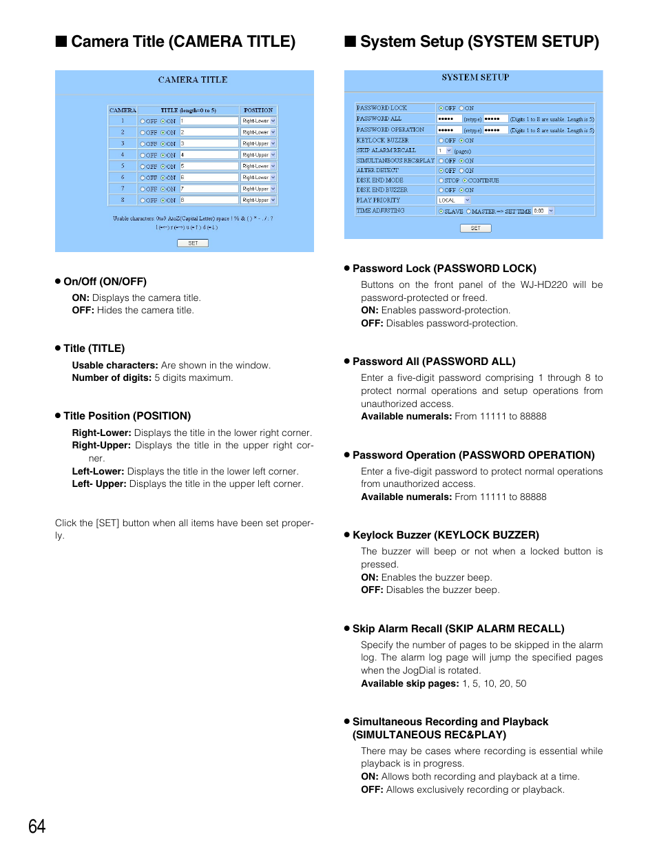 Camera title (camera title), System setup (system setup) | Panasonic WJ-HD220 User Manual | Page 64 / 103