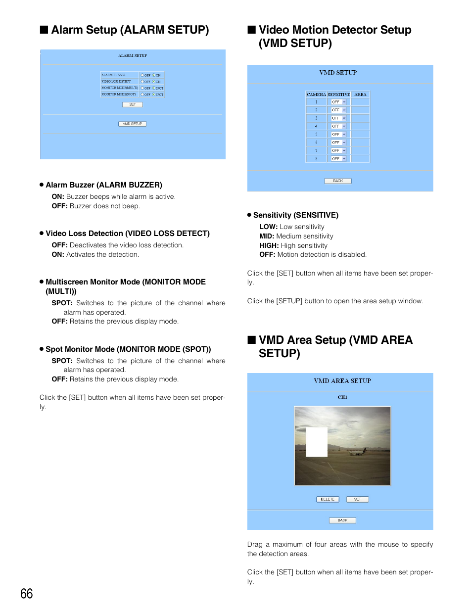 Alarm setup (alarm setup), Video motion detector setup (vmd setup), Vmd area setup (vmd area setup) | Panasonic WJ-HD220 User Manual | Page 66 / 103