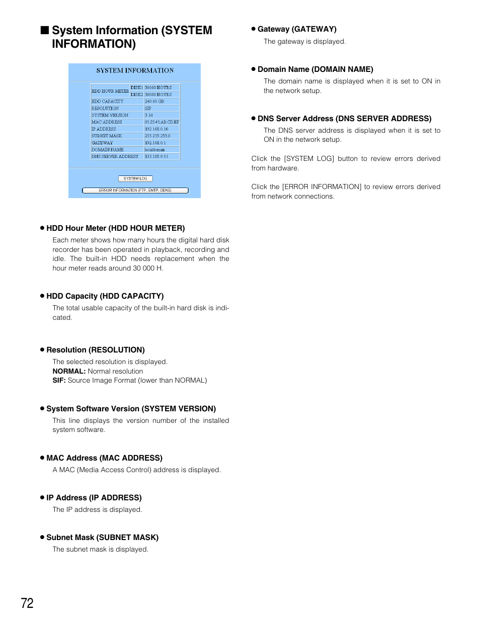 System information (system information) | Panasonic WJ-HD220 User Manual | Page 72 / 103