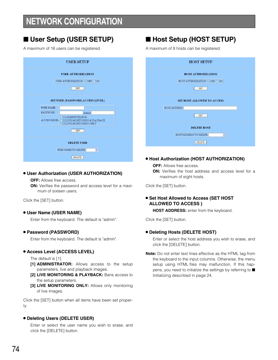Network configuration, User setup (user setup), Host setup (host setup) | Panasonic WJ-HD220 User Manual | Page 74 / 103