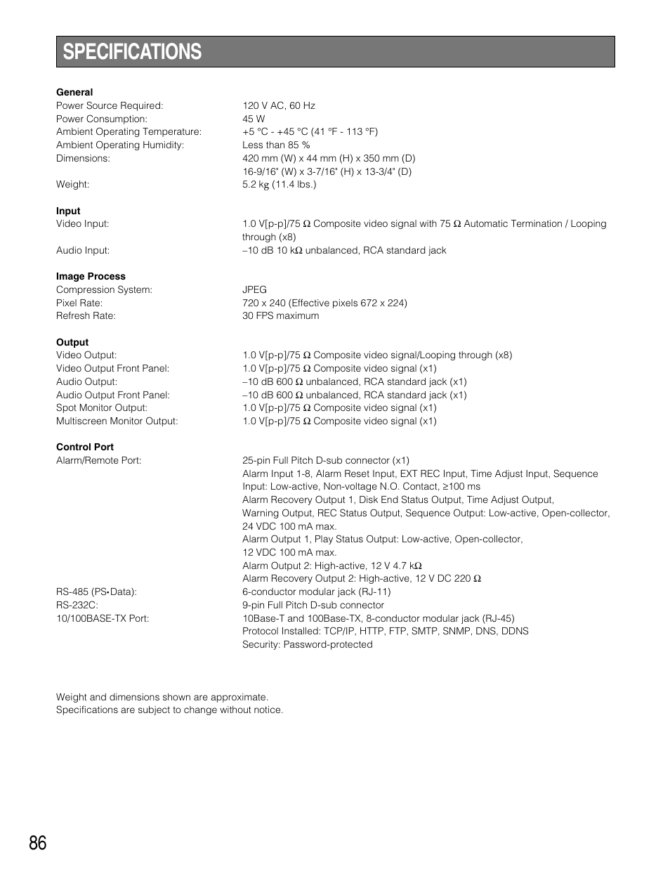 Specifications | Panasonic WJ-HD220 User Manual | Page 86 / 103