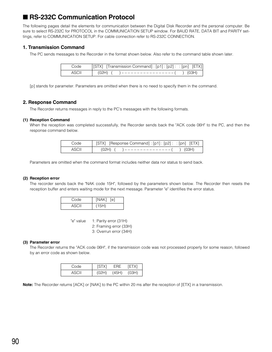 Rs-232c communication protocol | Panasonic WJ-HD220 User Manual | Page 90 / 103