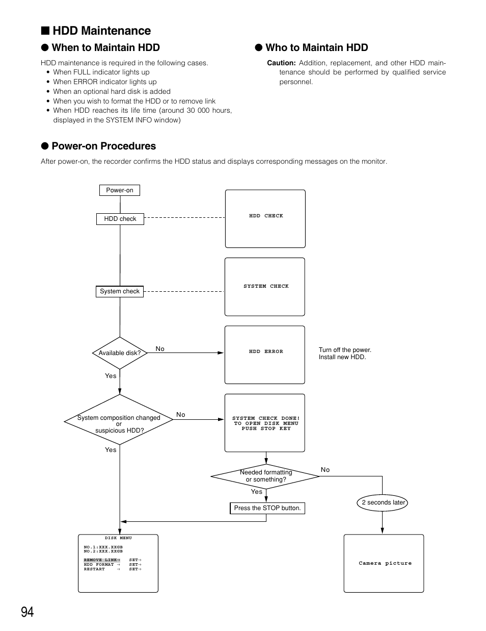 Hdd maintenance, When to maintain hdd, Who to maintain hdd | Power-on procedures | Panasonic WJ-HD220 User Manual | Page 94 / 103