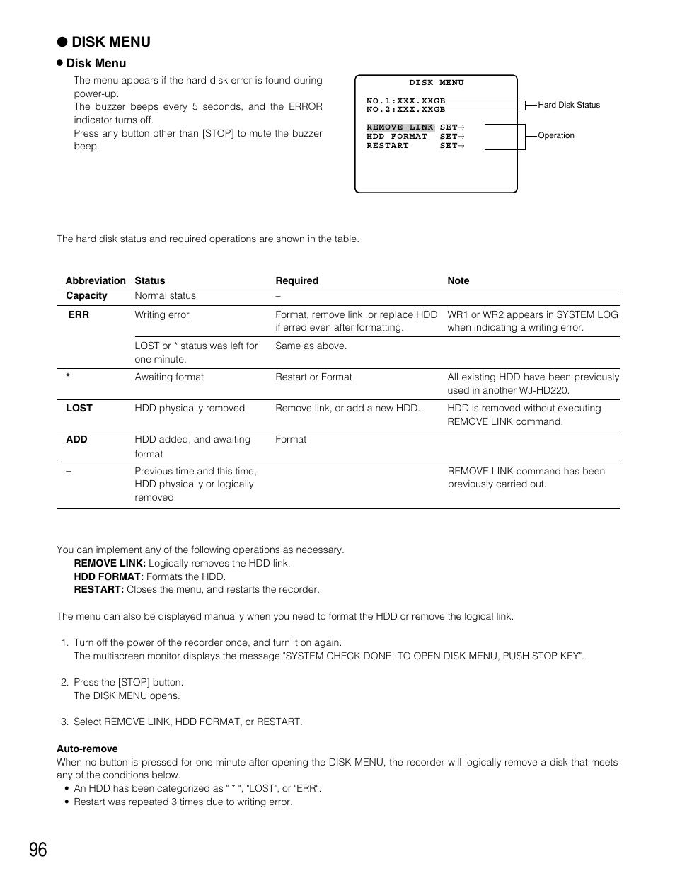 Disk menu | Panasonic WJ-HD220 User Manual | Page 96 / 103